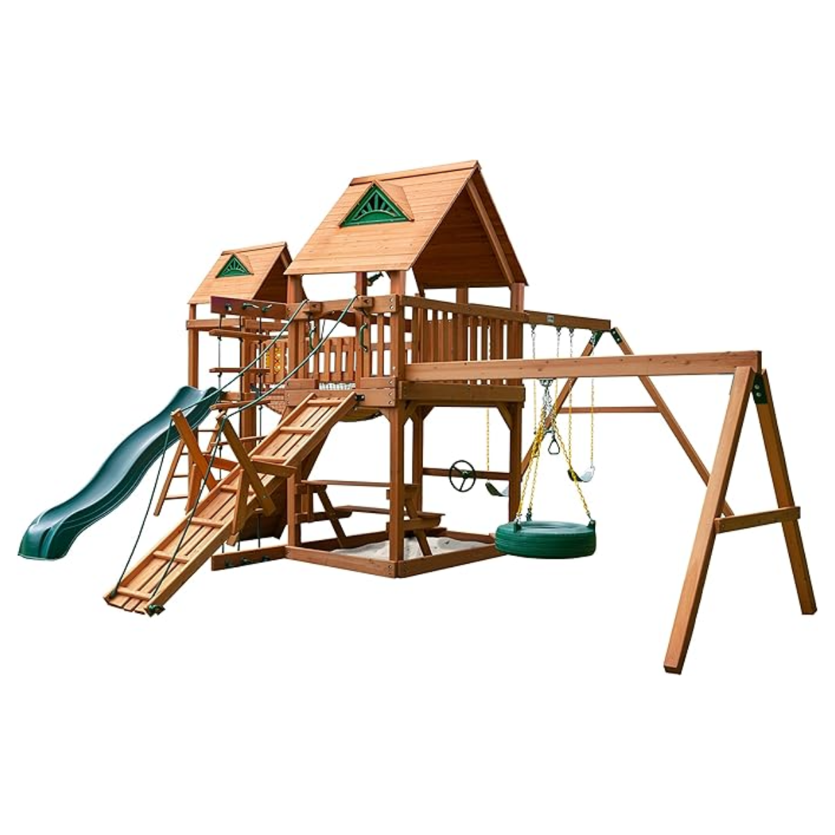 khriz-product-54-image-1 Gorilla Playsets Pioneer Peak Treehouse Wooden Swing Set with Tire Swing, and Clatter Bridge and Tower - Image 1