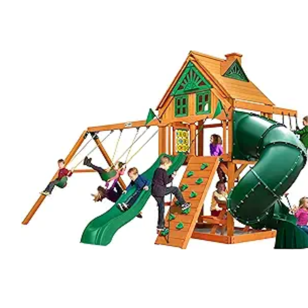khriz-product-55-image-1 Gorilla Playsets Mountaineer Treehouse Wooden Swing Set with Tube Slide, Rope Ladder, and Sandbox - Image 1